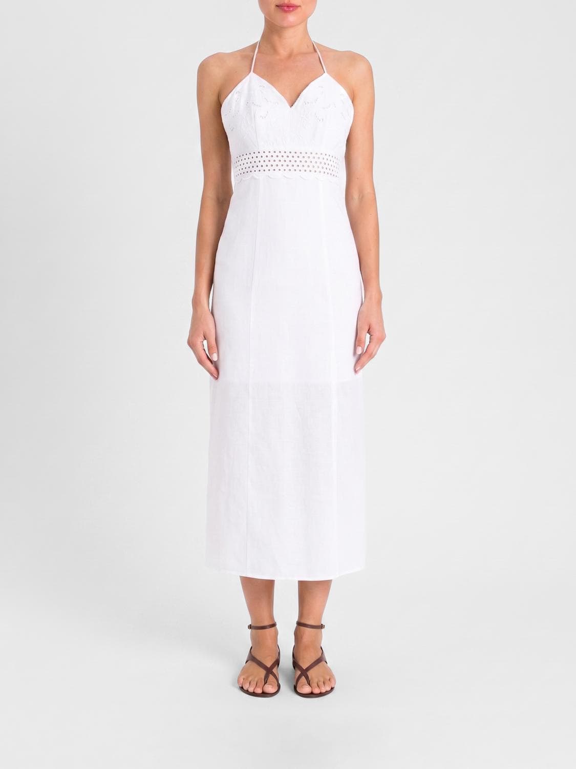 Twinset Linen and Broderie Anglaise Midi Dress with Halter Neck · 40