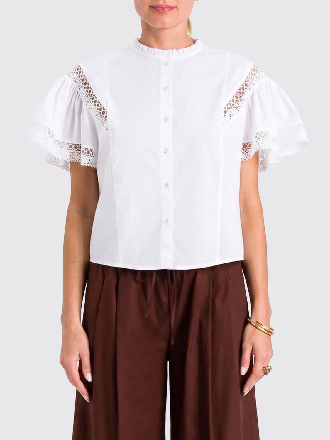 Twinset Stretch-Cotton Shirt with Macramé Inserts
