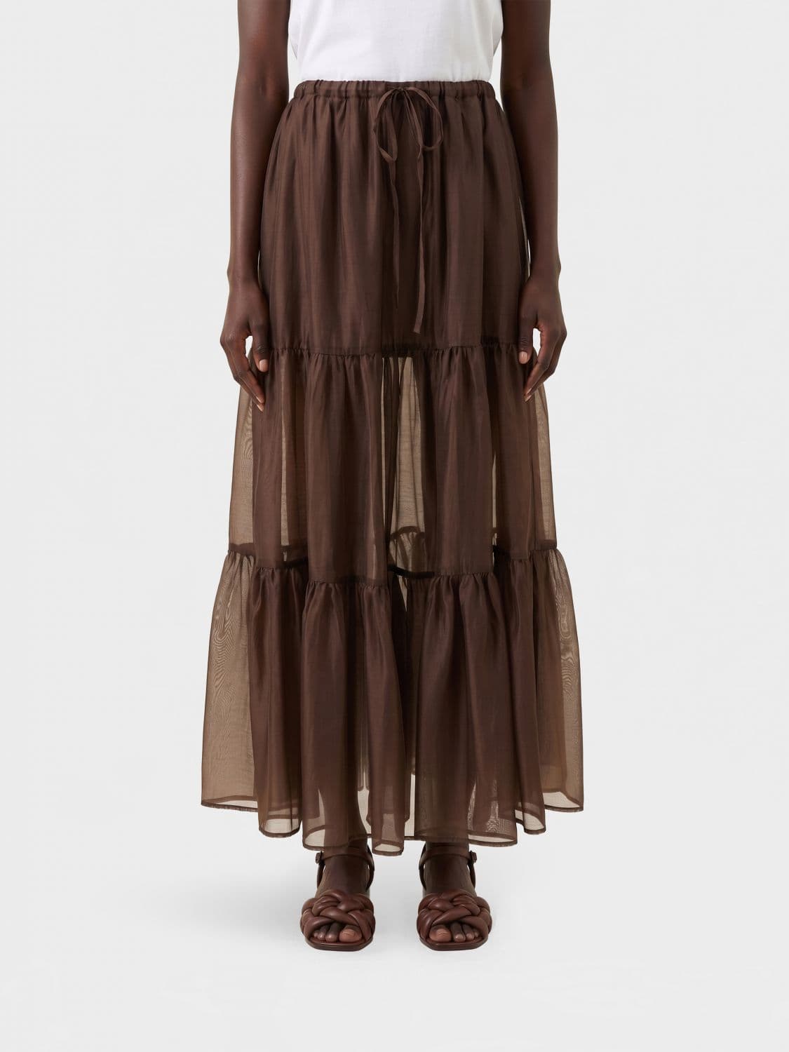 Twinset A-Line Tulle Midi Skirt with High Elasticated Waist and Drawstring