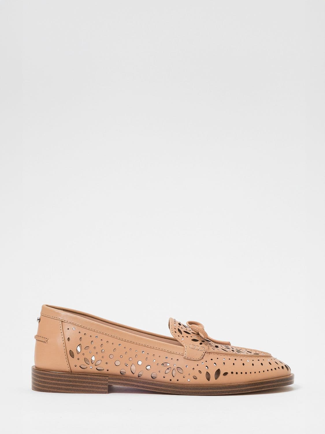 Twinset Perforated Smooth Leather Loafers with Bow and Rhinestone Application