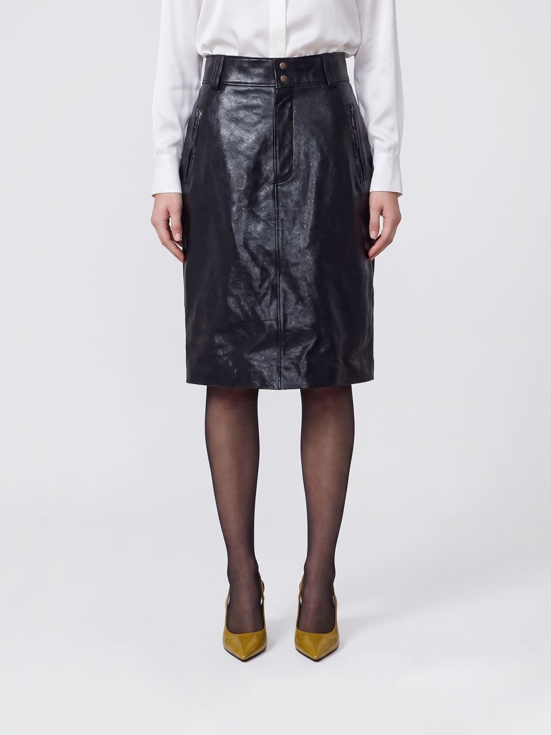Saint Laurent High-Waisted Leather Pencil Mini Skirt with Buttons