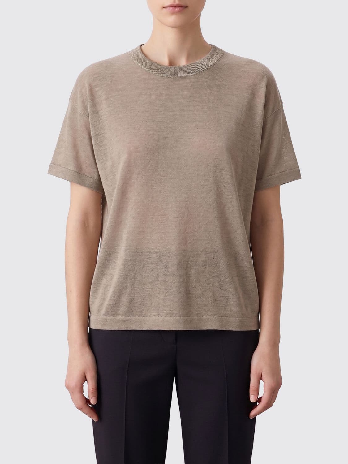 Brunello Cucinelli Crewneck Linen Blend T-Shirt with Dropped Shoulders