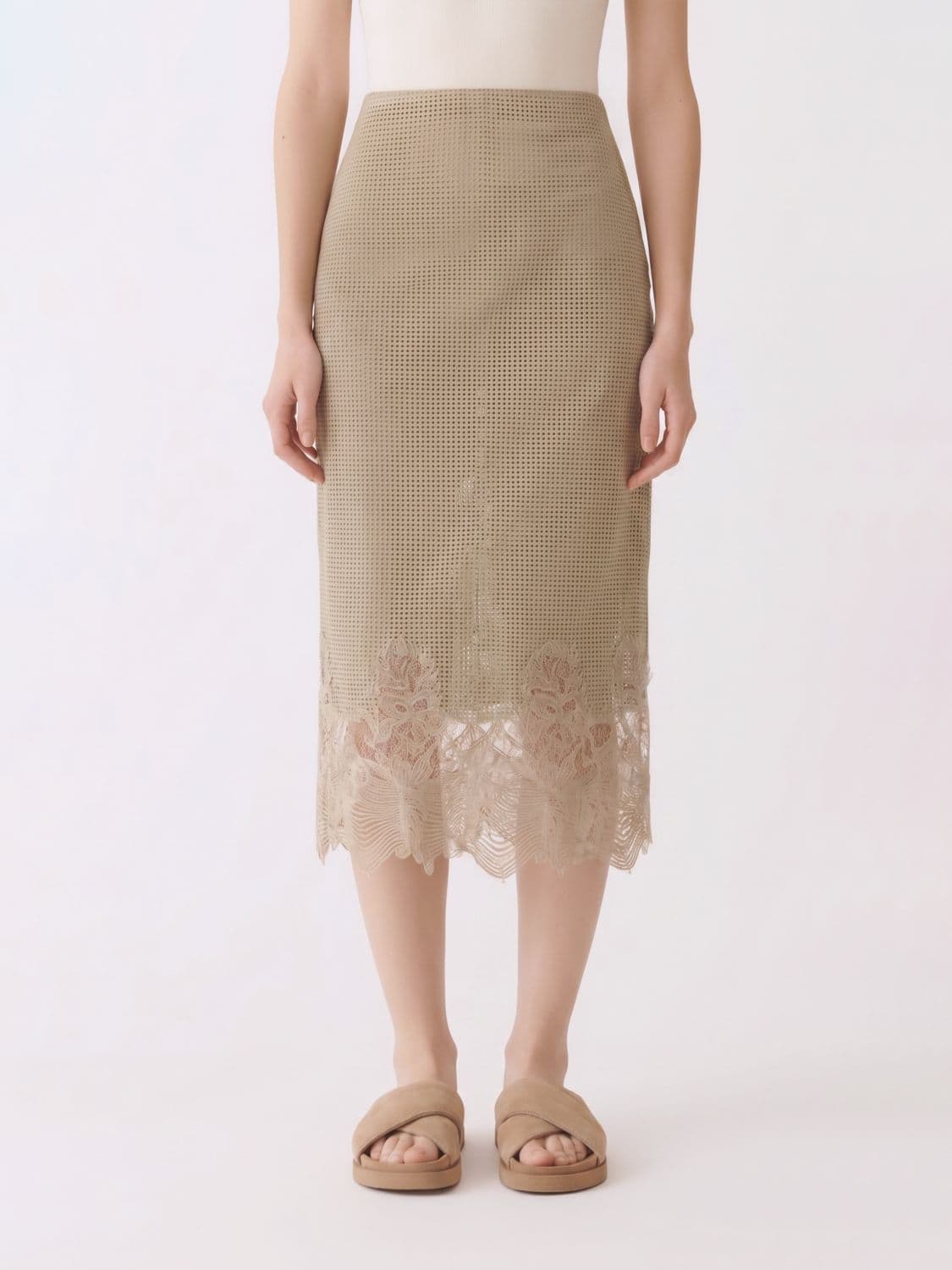 Fabiana Filippi Perforated Suede Midi Skirt with Lace Inserts