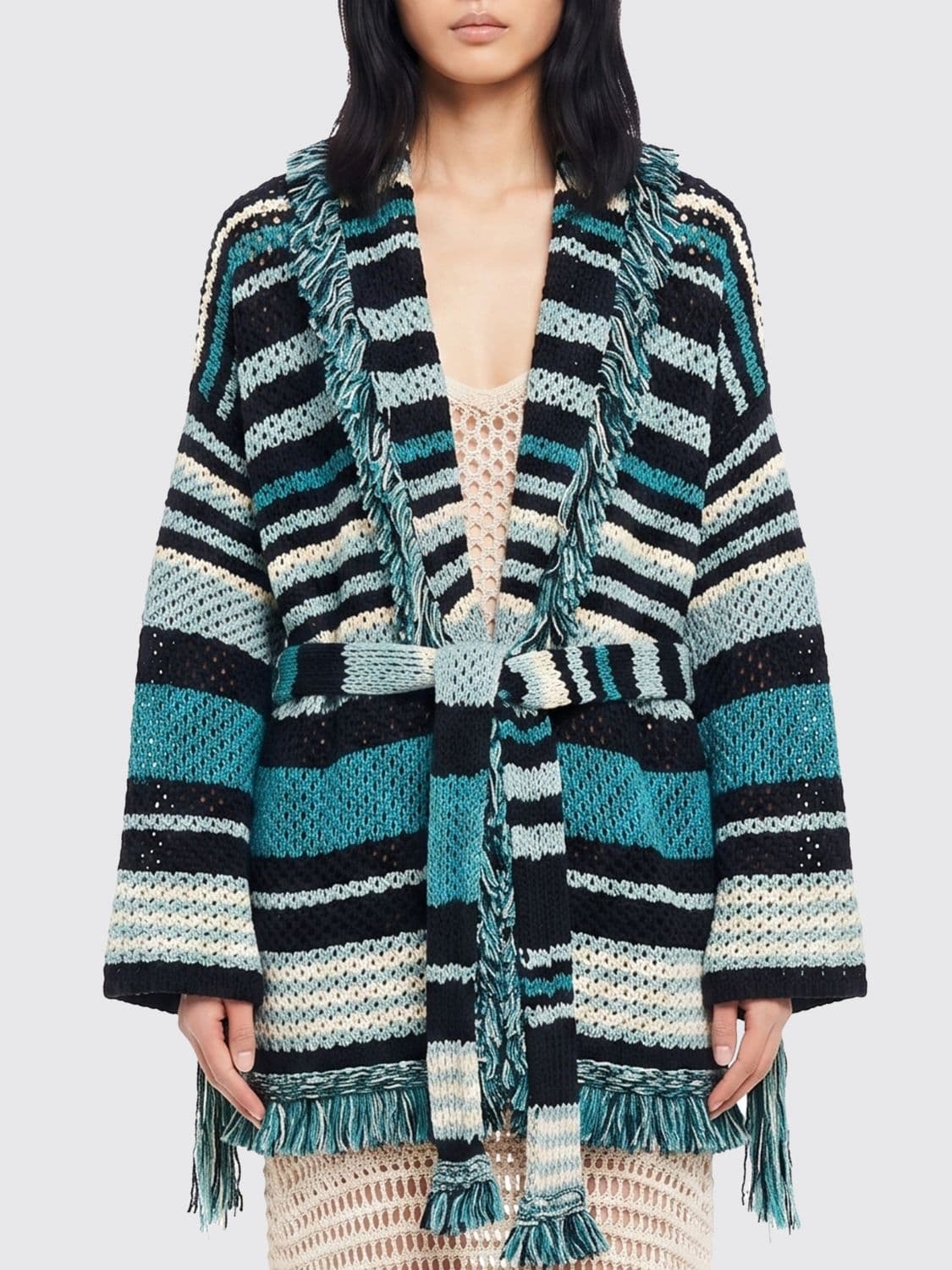 Alanui Striped Cotton-Blend Cardigan with Fringes and a Tie-Waist Belt