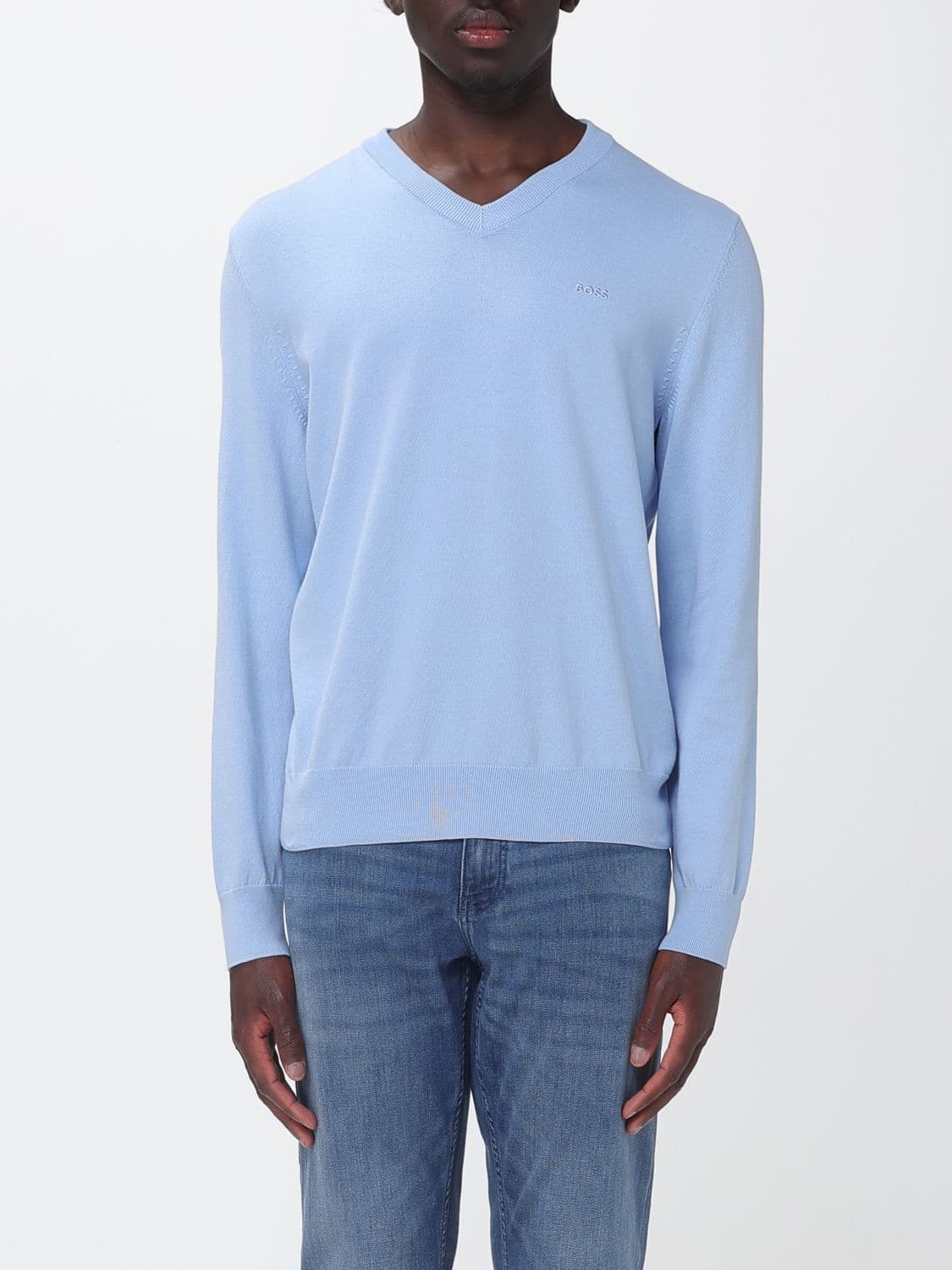 Boss V-Neck Cotton Jumper with Long Sleeves and Ribbed Cuffs and Hem
