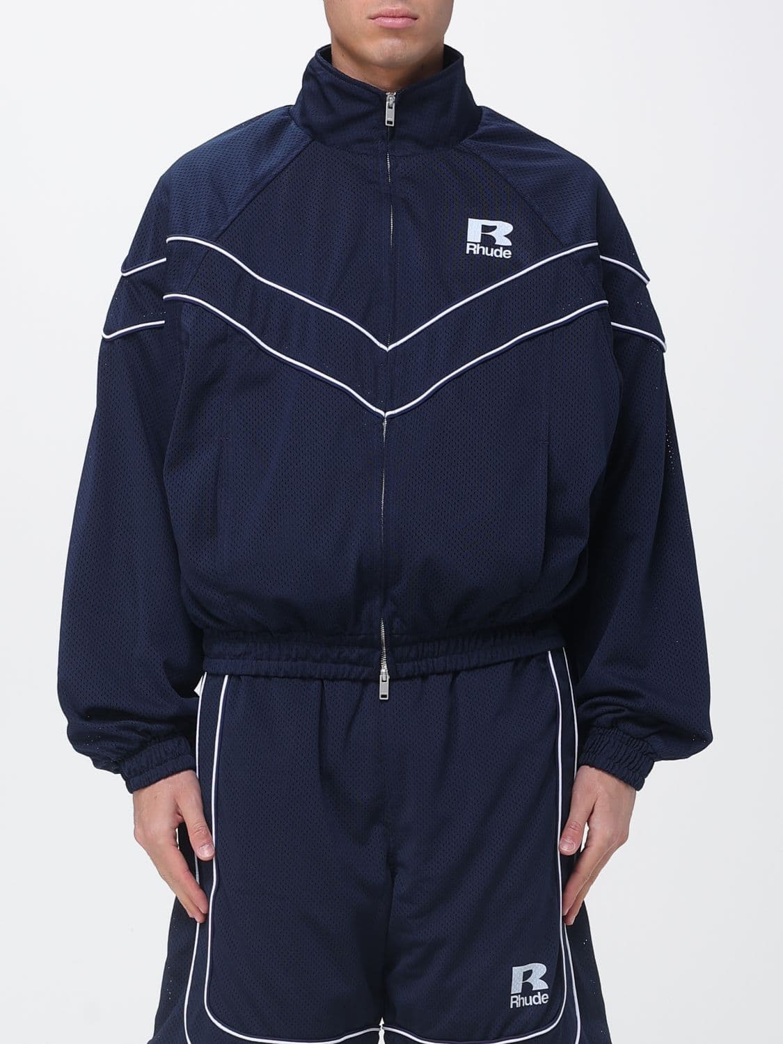 Rhude Cropped Polyester Bomber Jacket with High Neck and Contrast Logo