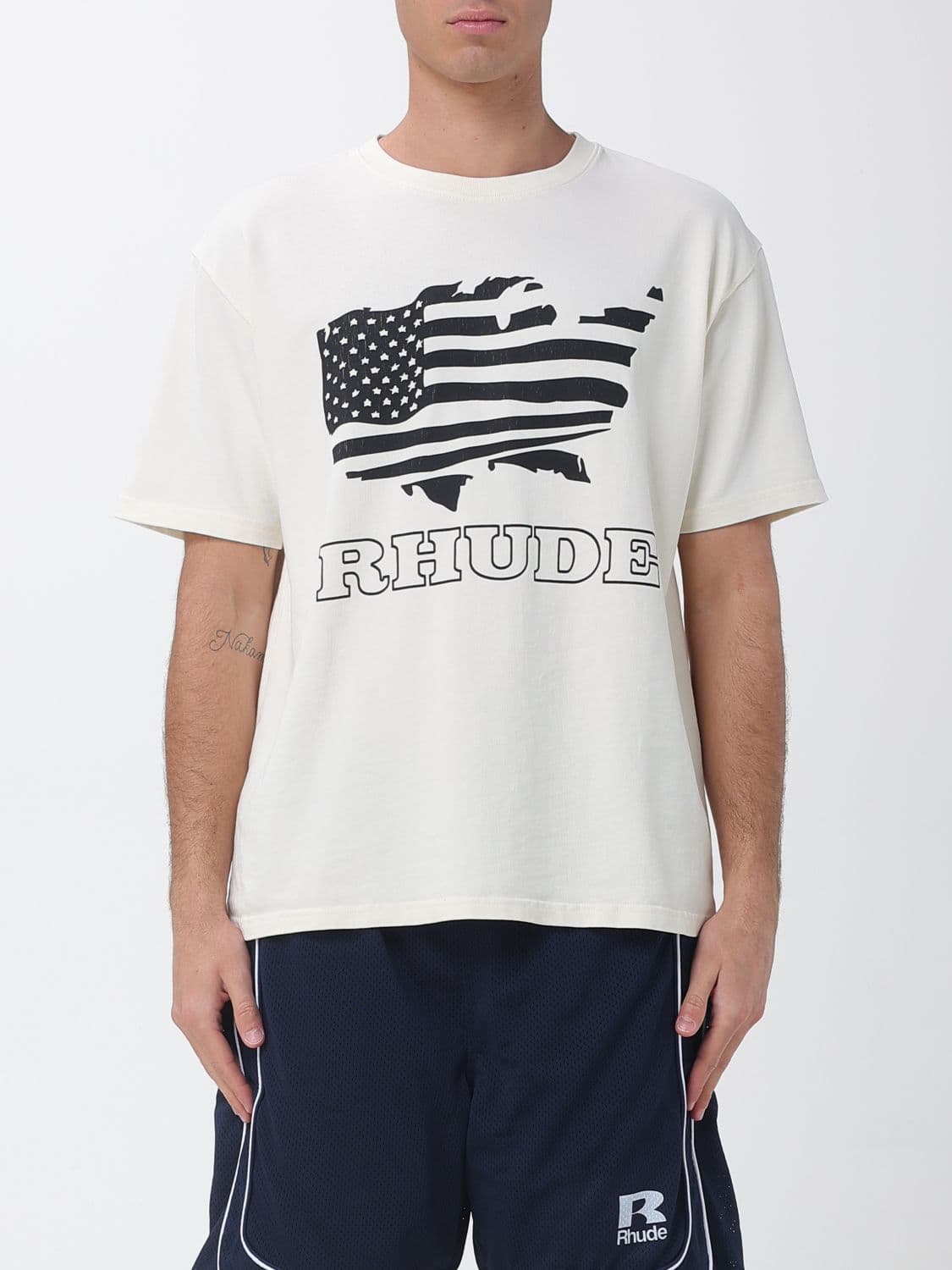 Rhude Crewneck Cotton T-shirt with Graphic Print and Contrast Logo