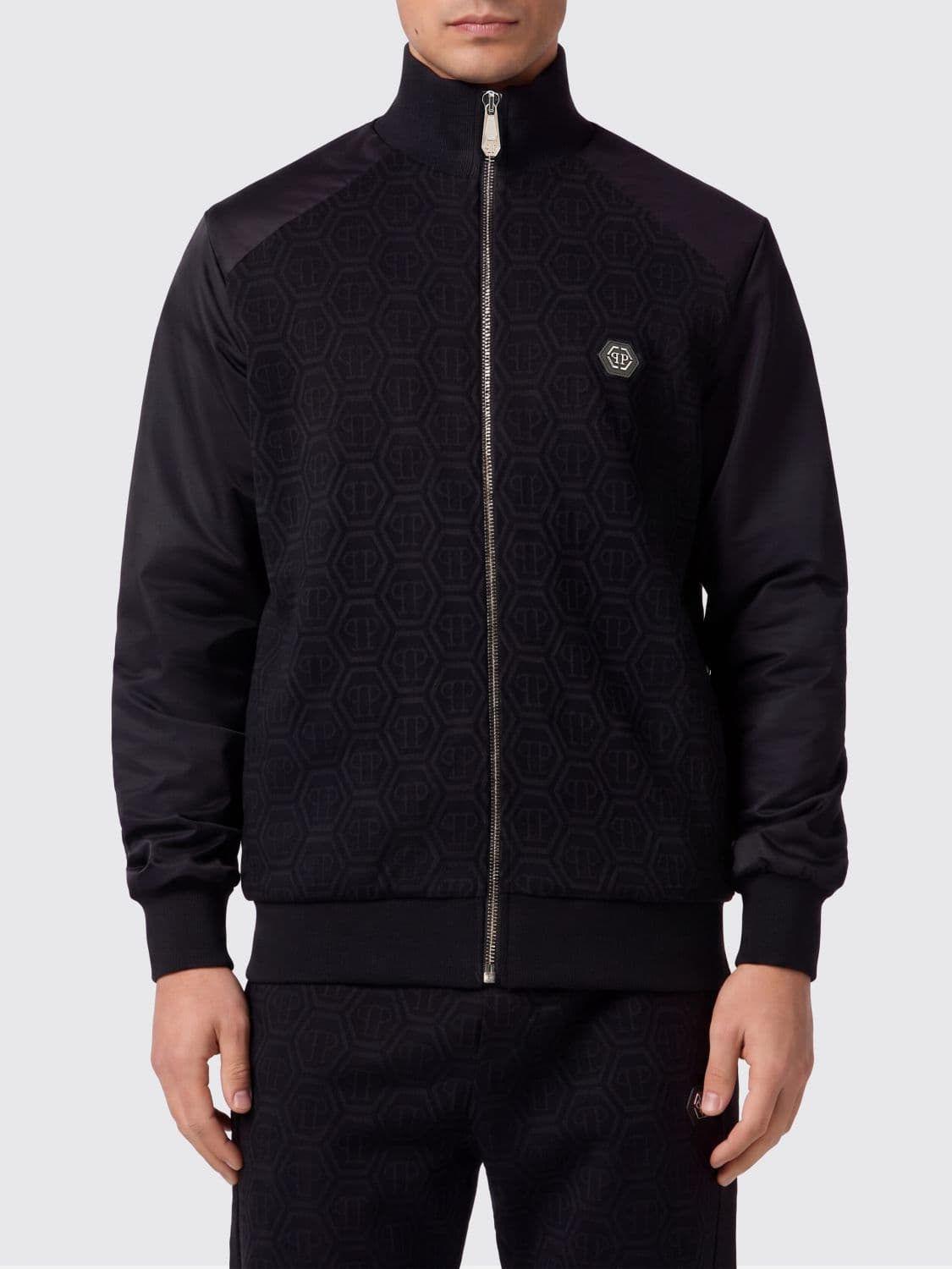 Philipp Plein Hexagon Logo High Neck Zipped Cotton-Blend Sweatshirt