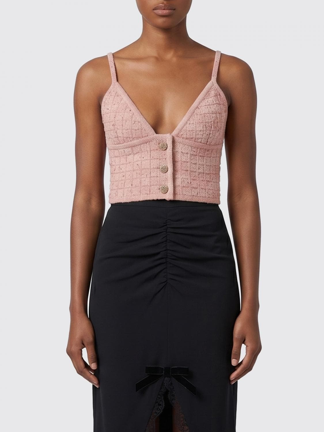 Alessandra Rich Slim Fit Wool Blend Knit Top with V-Neck and Thin Straps