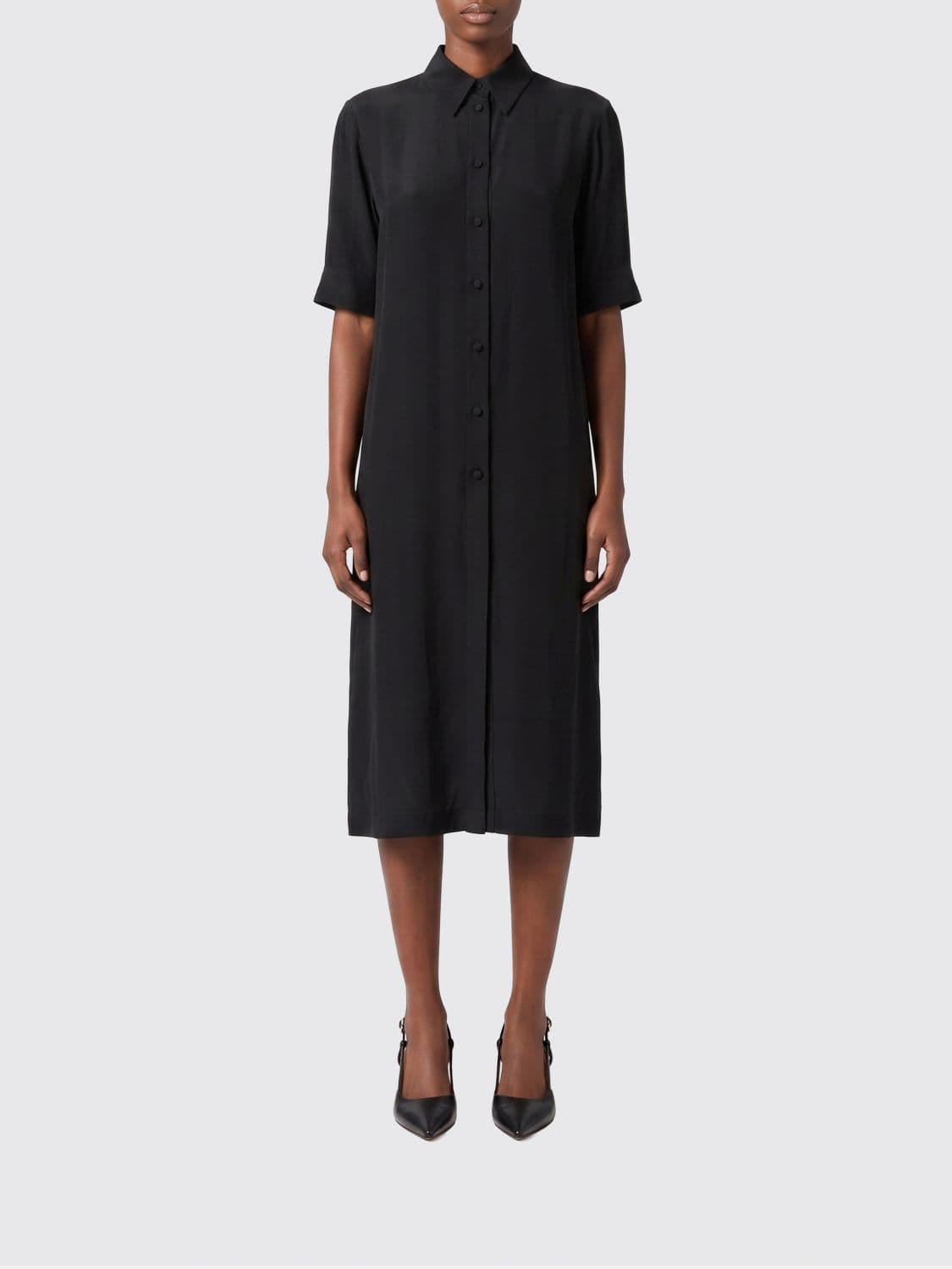 Jil Sander Midi Shirt Dress in Viscose with Short Sleeves and Classic Collar