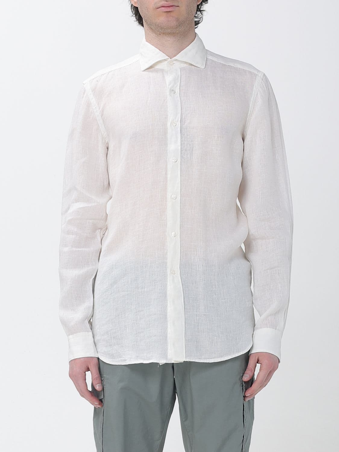 Fay French Collar Linen Shirt with Long Sleeves and a Curved Hem