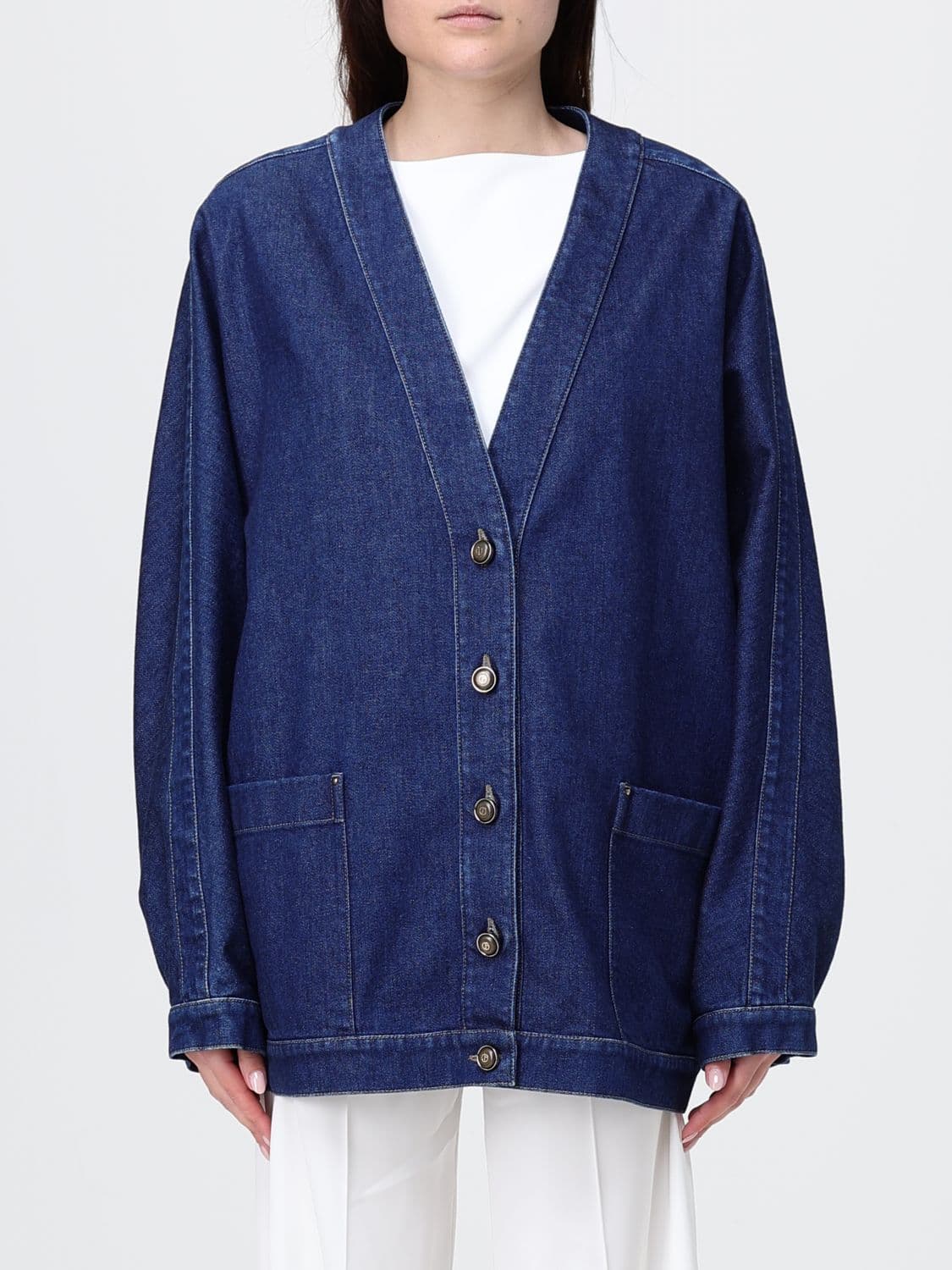 Giorgio Armani Single-Breasted Denim Jacket with V-Neck and Patch Pockets