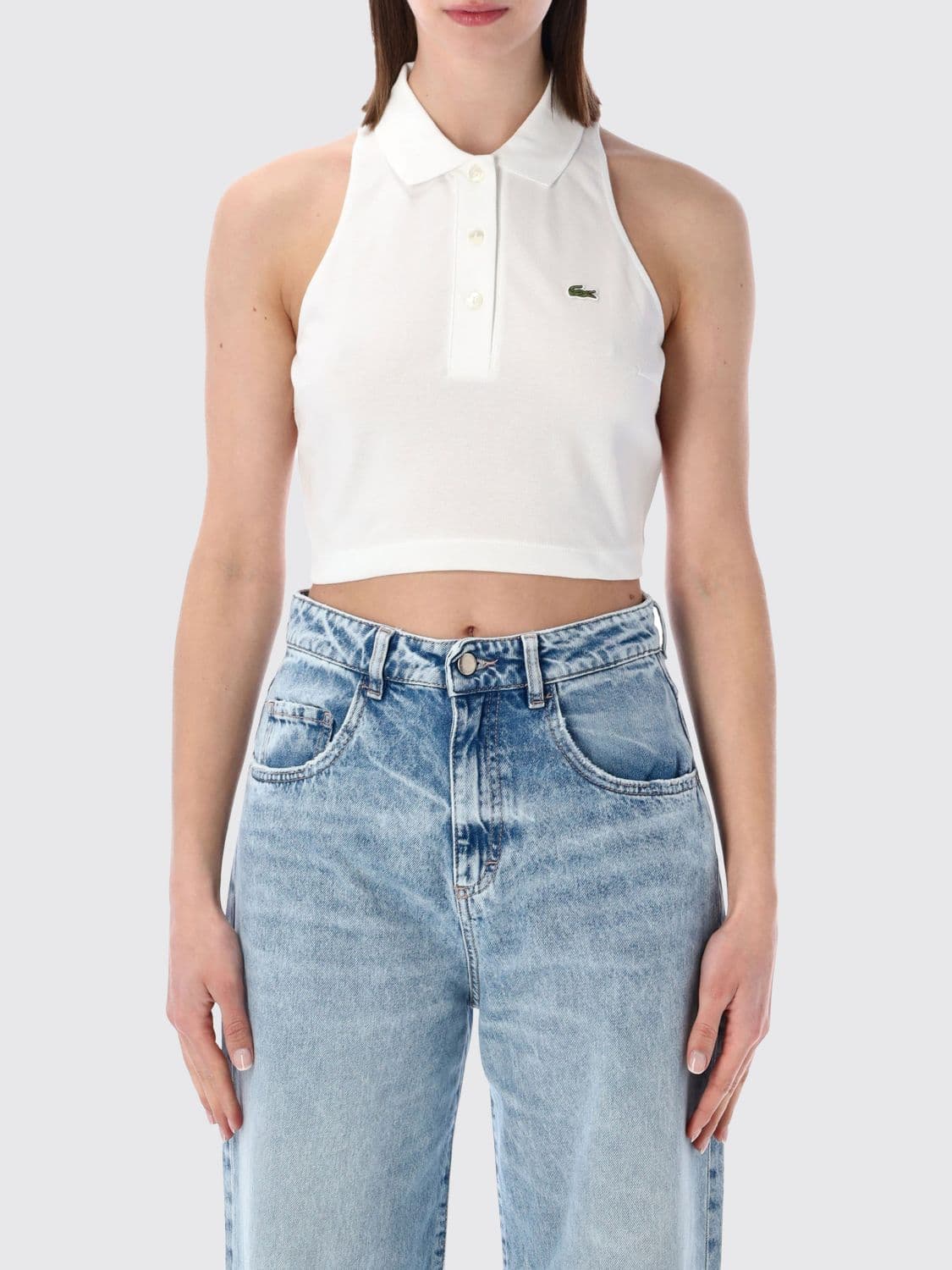 Lacoste Cropped Stretch Cotton Polo Top with Classic Collar