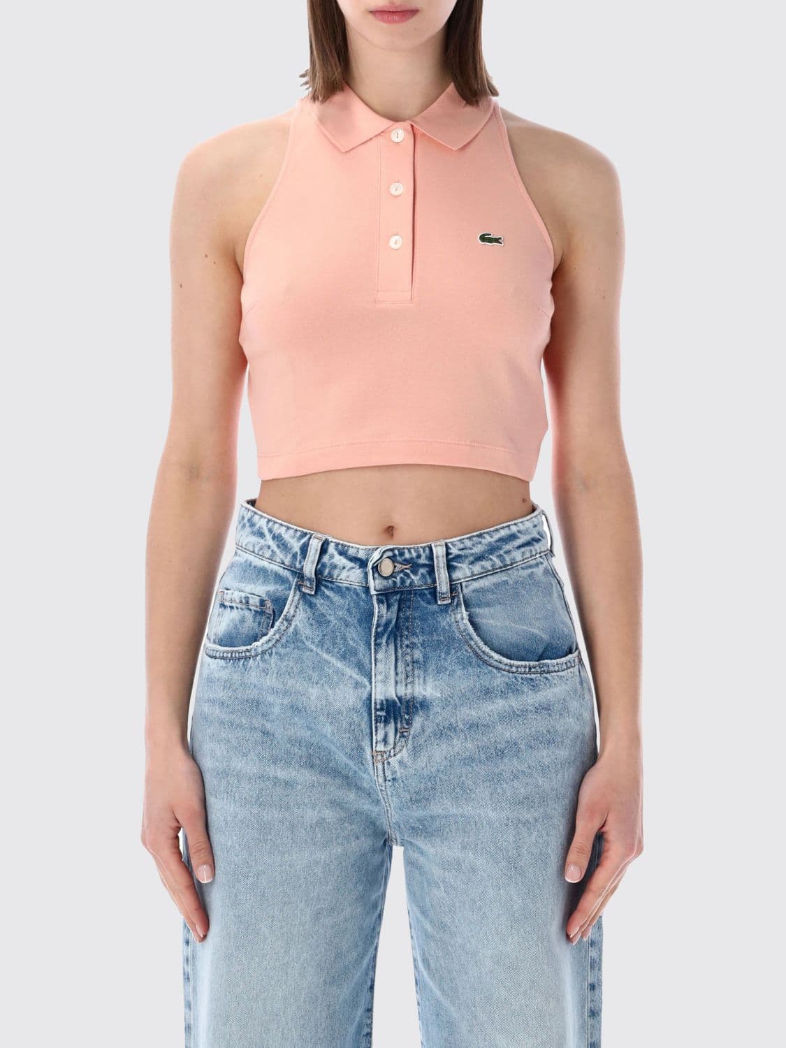 Lacoste Cropped Stretch Cotton Polo Top with Classic Collar