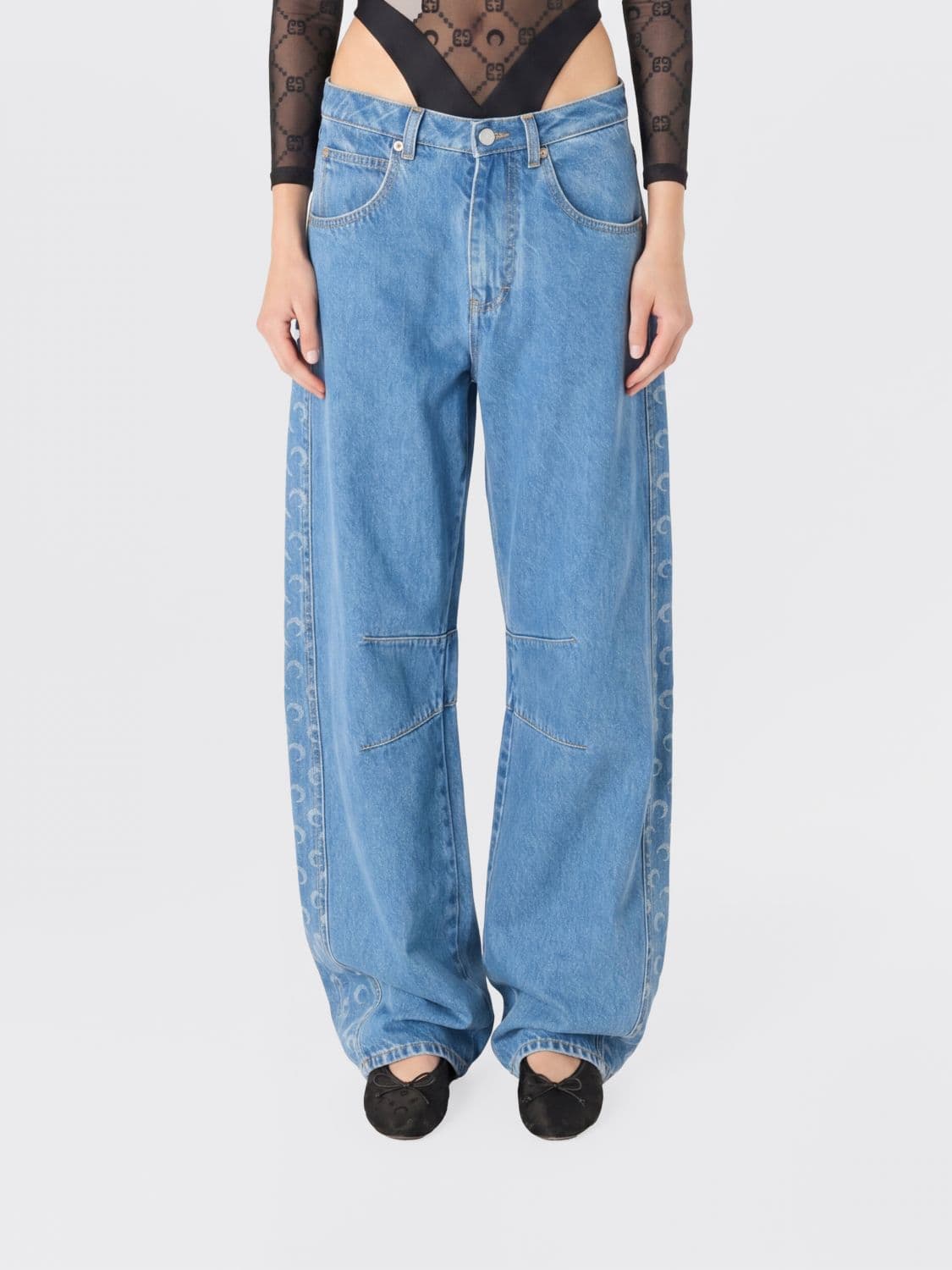 Marine Serre Low-Rise Baggy Jeans in Cotton Denim