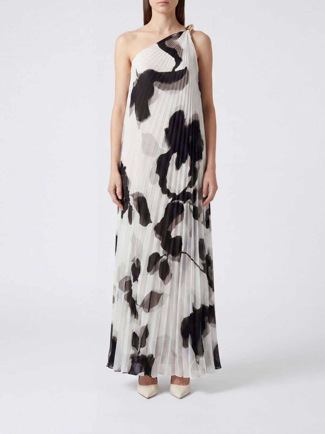 Max Mara One-Shoulder Floral-Print Chiffon Long Ceremony Gown