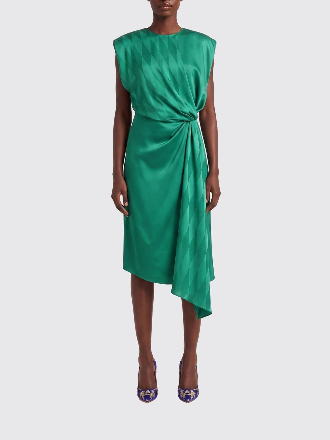 Versace Sleeveless Asymmetrical Midi Dress in Silk and Viscose Satin