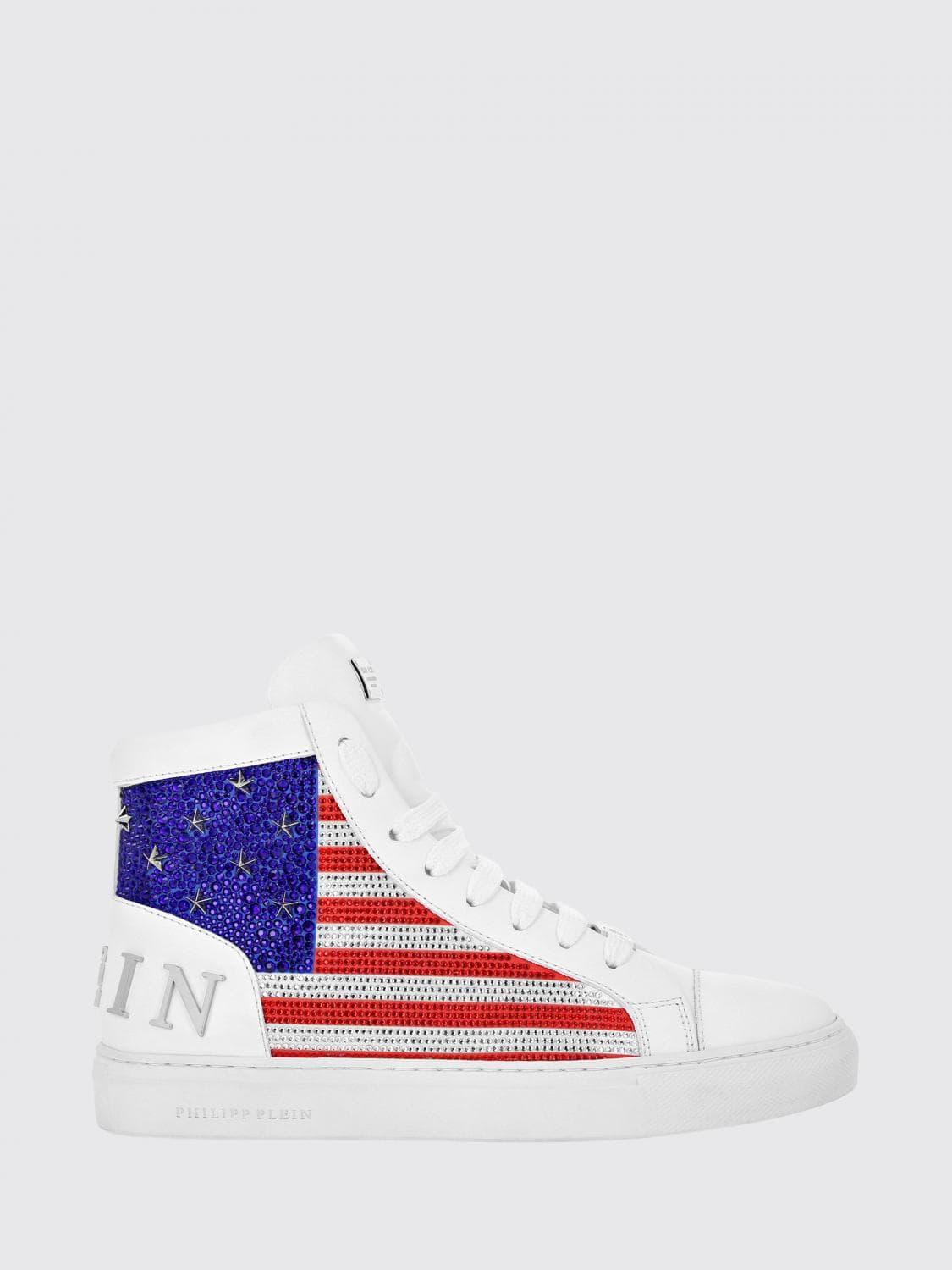 Philipp Plein Star Studs America Leather Sneakers with Applied Rhinestones