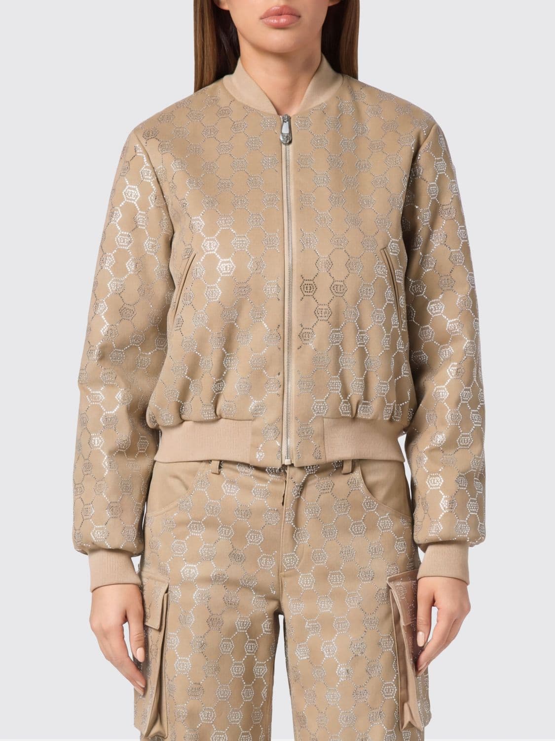 Philipp Plein PP Monogram Rhinestone Bomber Jacket in Wool Blend Gabardine