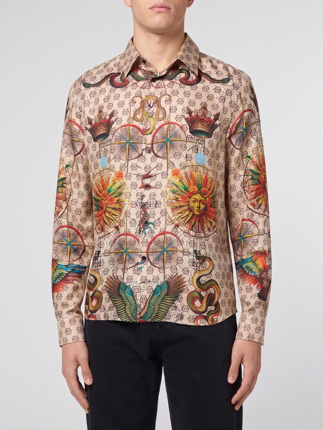 Philipp Plein Silk Shirt with Monogram and Graphic Prints