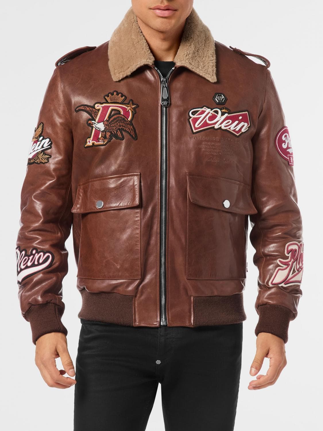 Philipp Plein Leather Aviator Bomber Jacket with Logo Patch