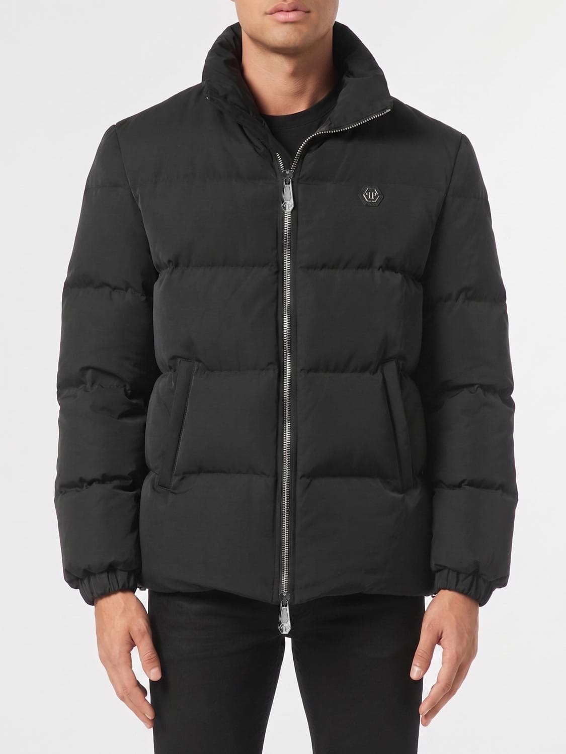 Philipp Plein Nylon Down Jacket with Logo and Slogan