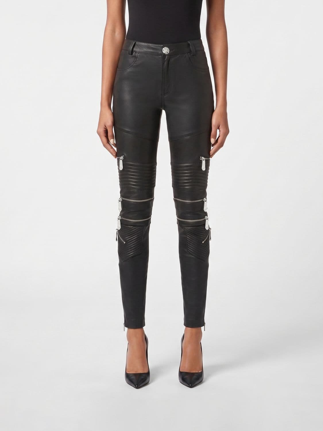 Philipp Plein Skinny Fit Leather Pants With Zips