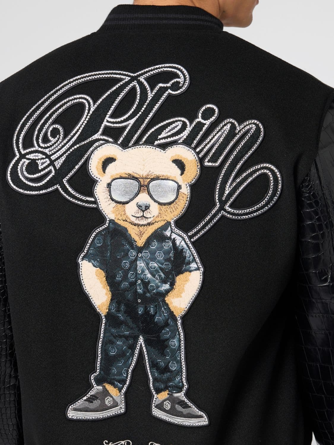 Philipp Plein Varsity Teddy Racer Bomber Jacket with Logo