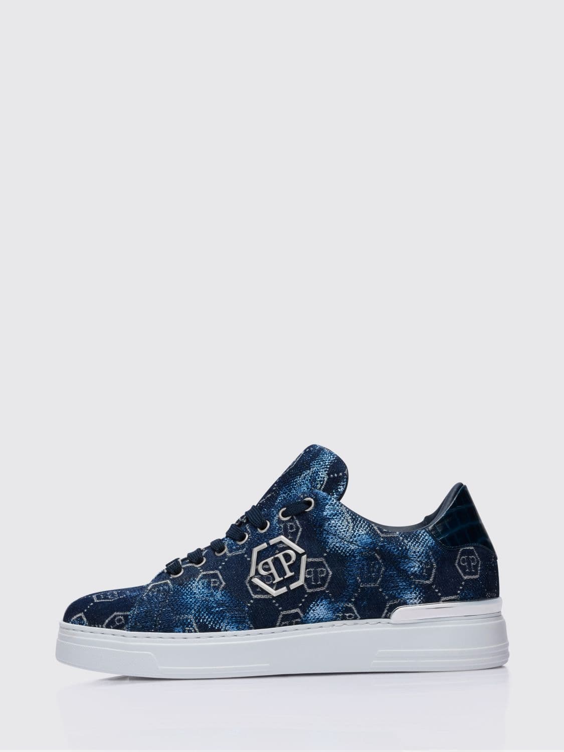 Philipp Plein Bleached Denim Sneakers with Hexagon Jacquard