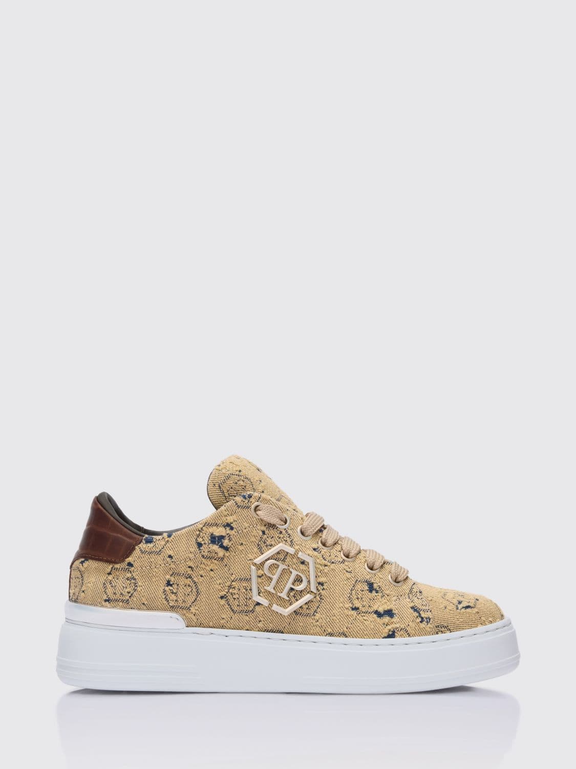 Philipp Plein Bleached Denim Sneakers with Hexagon Jacquard