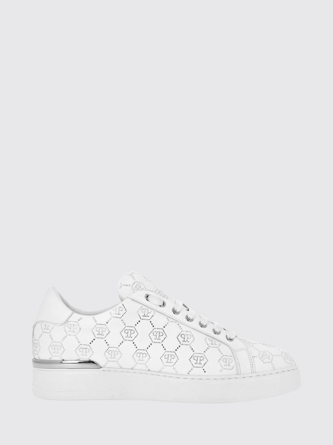 Philipp Plein Leather Sneakers with Rhinestone Hexagon