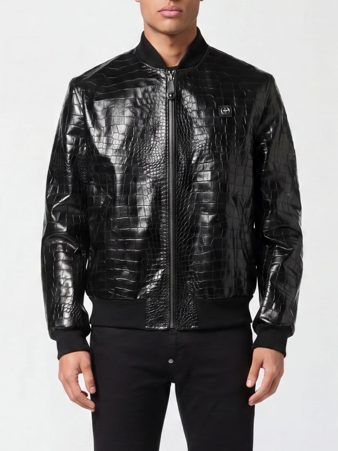 Philipp Plein Crocodile Print Leather Bomber Jacket