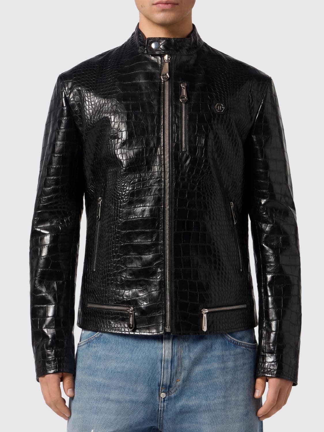 Philipp Plein Crocodile Print Leather Biker Jacket
