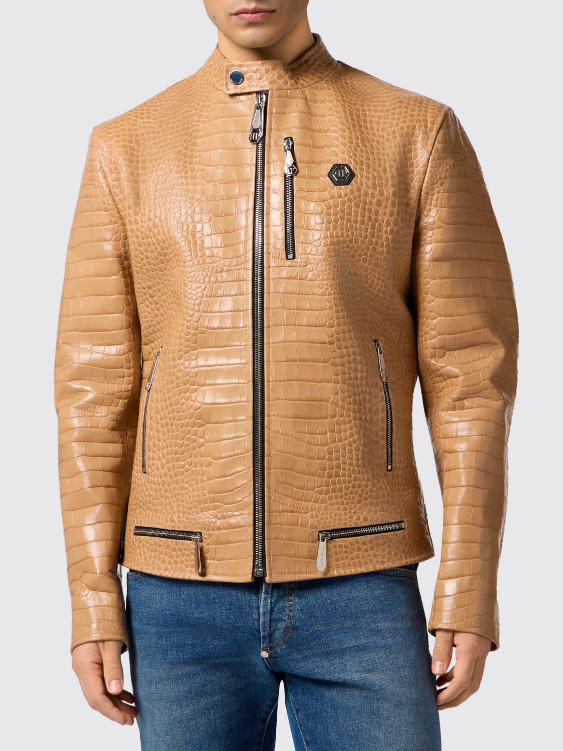 Philipp Plein Crocodile Print Leather Biker Jacket