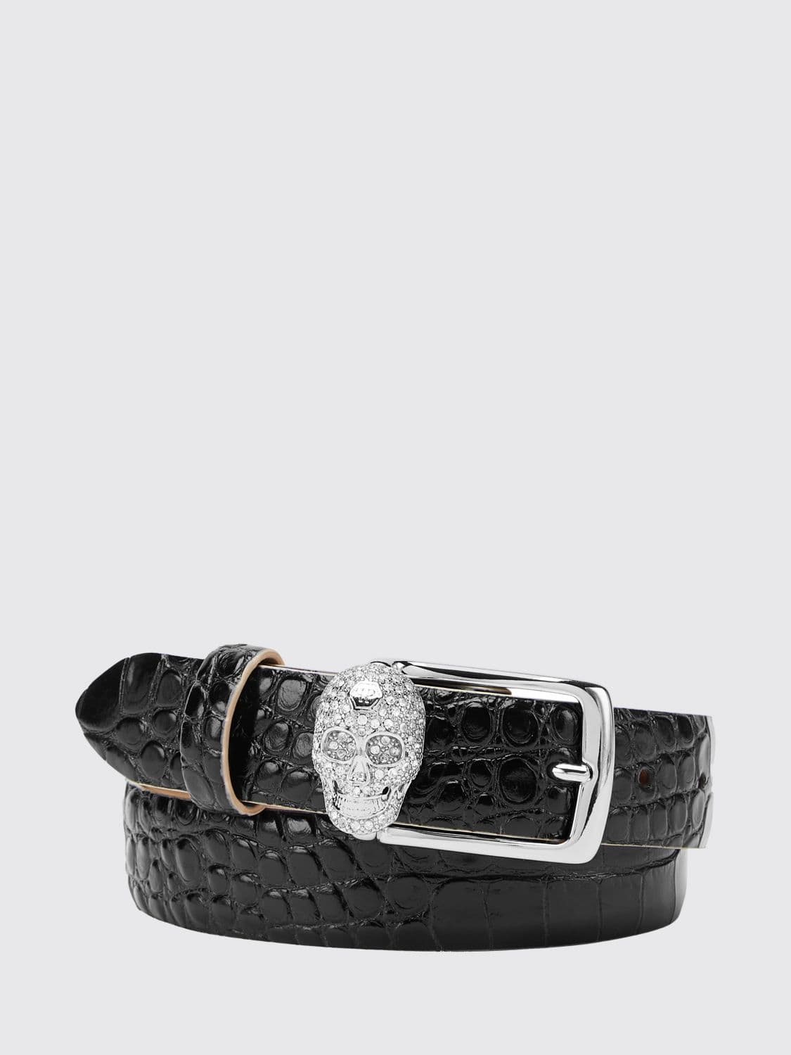 Philipp Plein Crocodile Print Leather Belt with Skull and Rhinestones