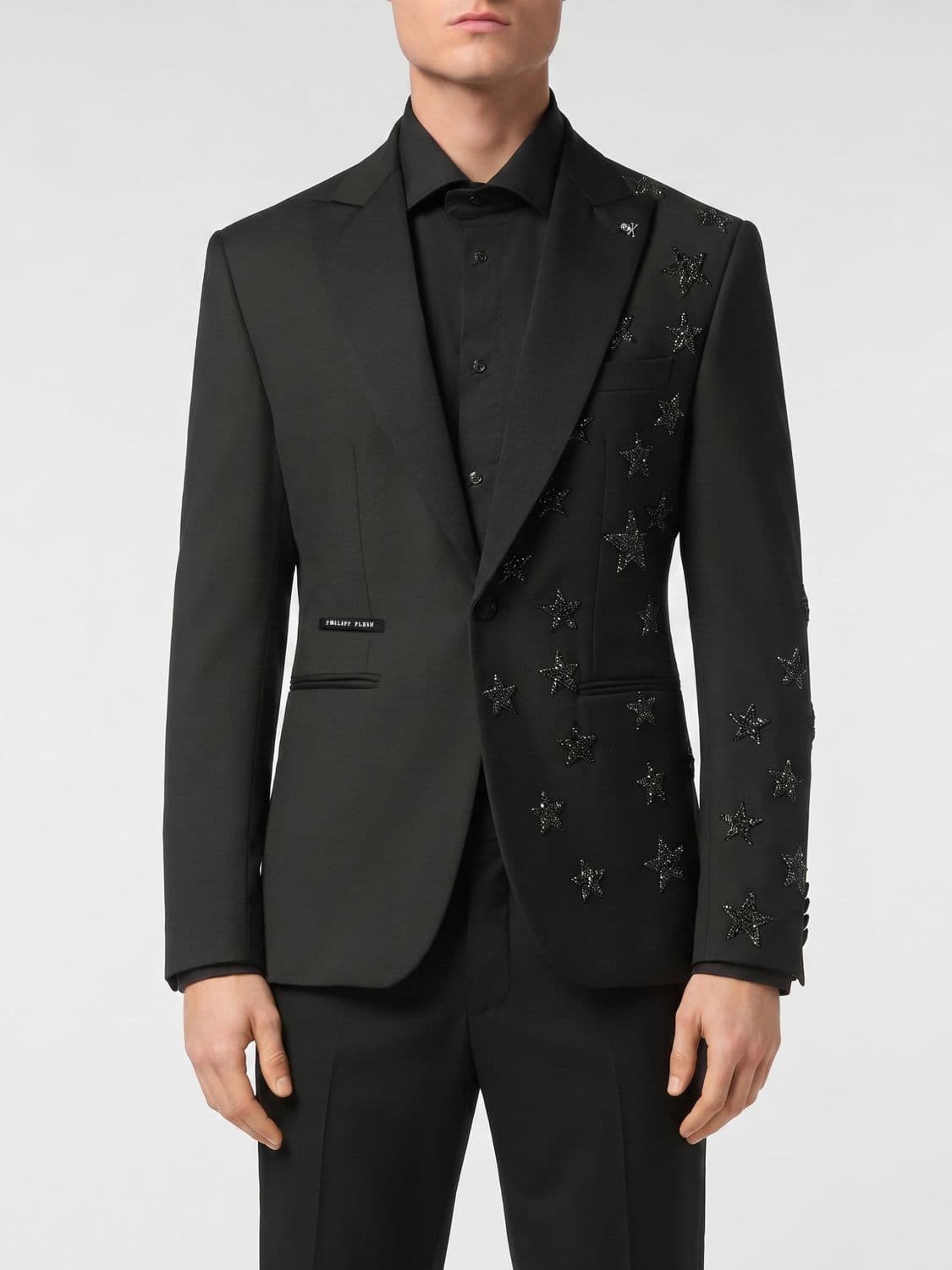 Philipp Plein Single Breasted Wool Blazer with All Over Crystal Stars