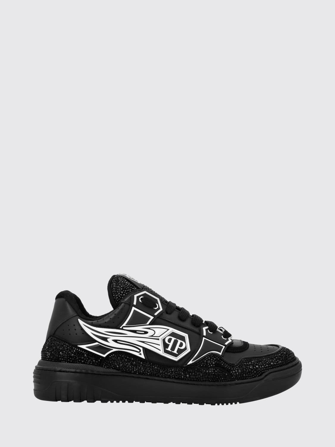 Philipp Plein Leather and Rubber Rhinestone Sneakers