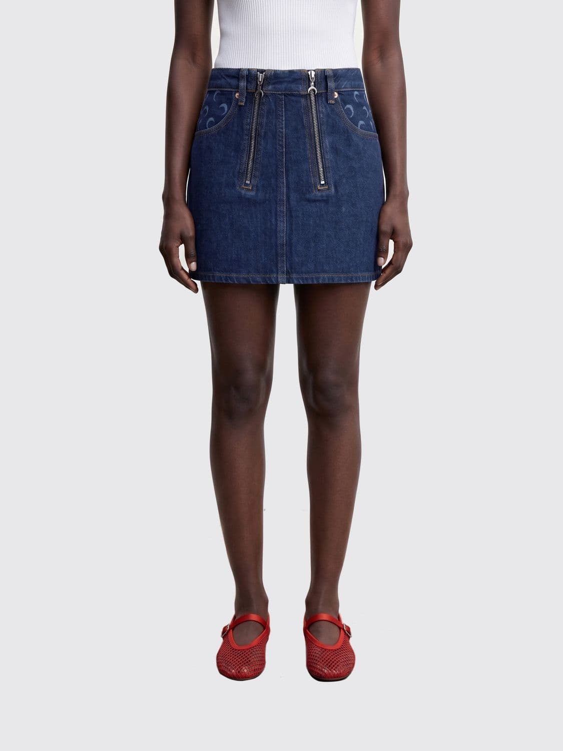 Marine Serre Mini Denim Skirt with Monogram Print