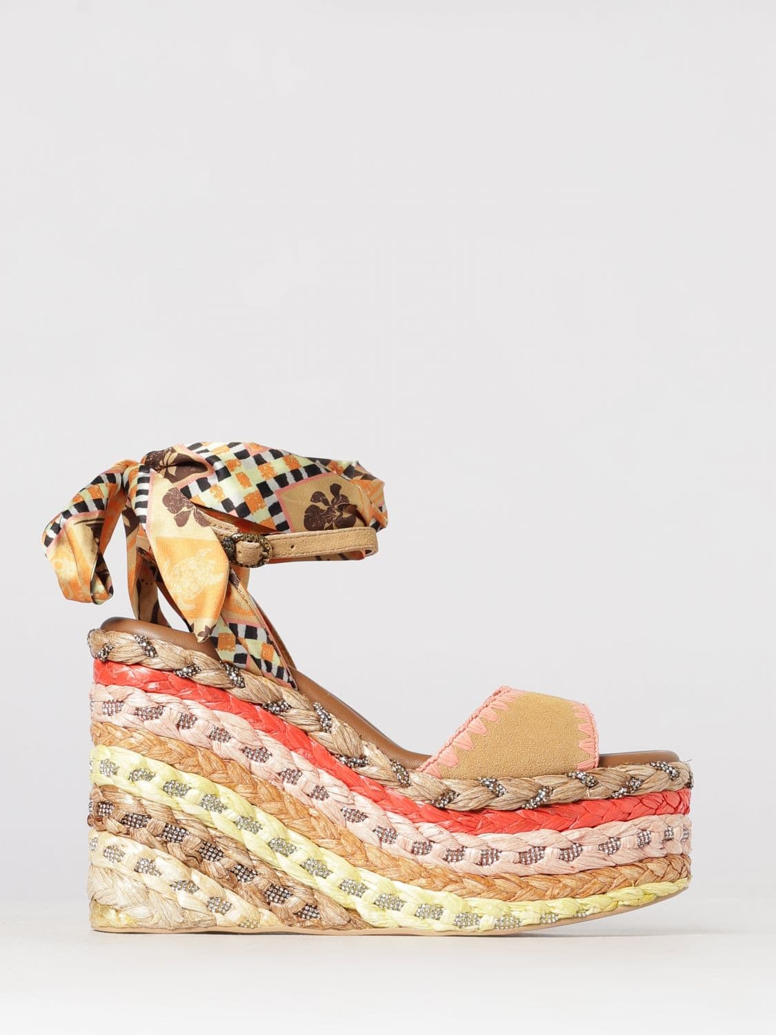 Kurt Geiger London Chelsea Wedge Sandal in Suede and Printed Satin