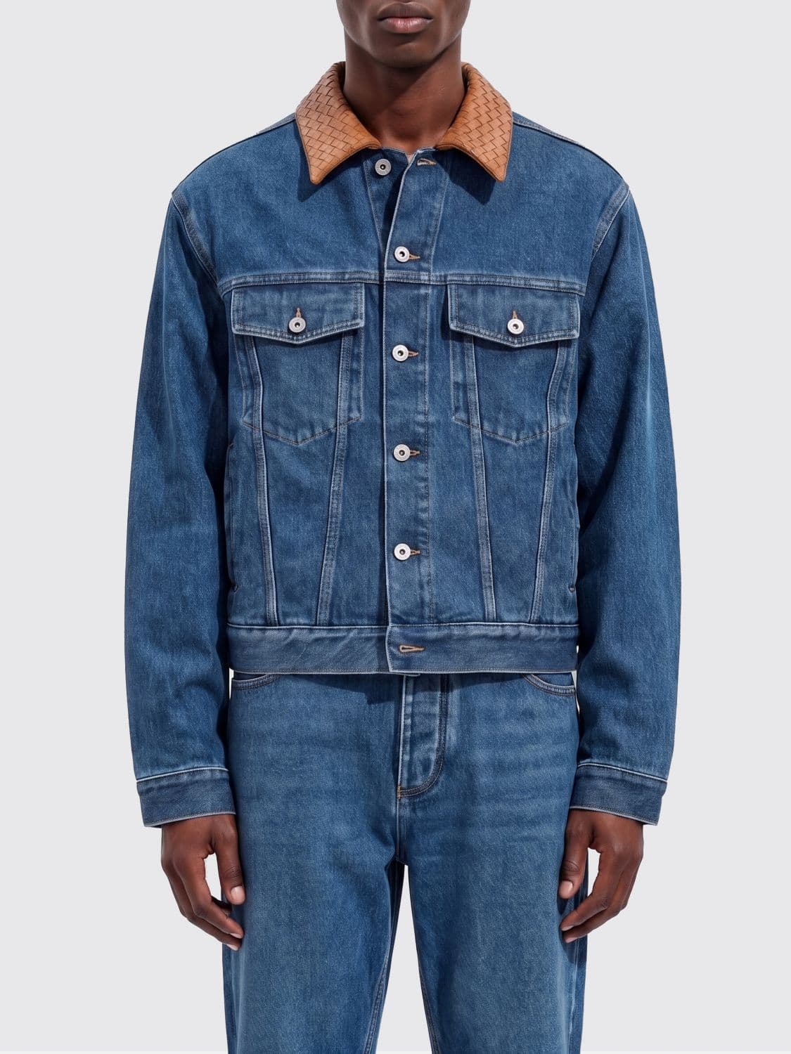 Bottega Veneta Denim Jacket with Woven Leather Collar