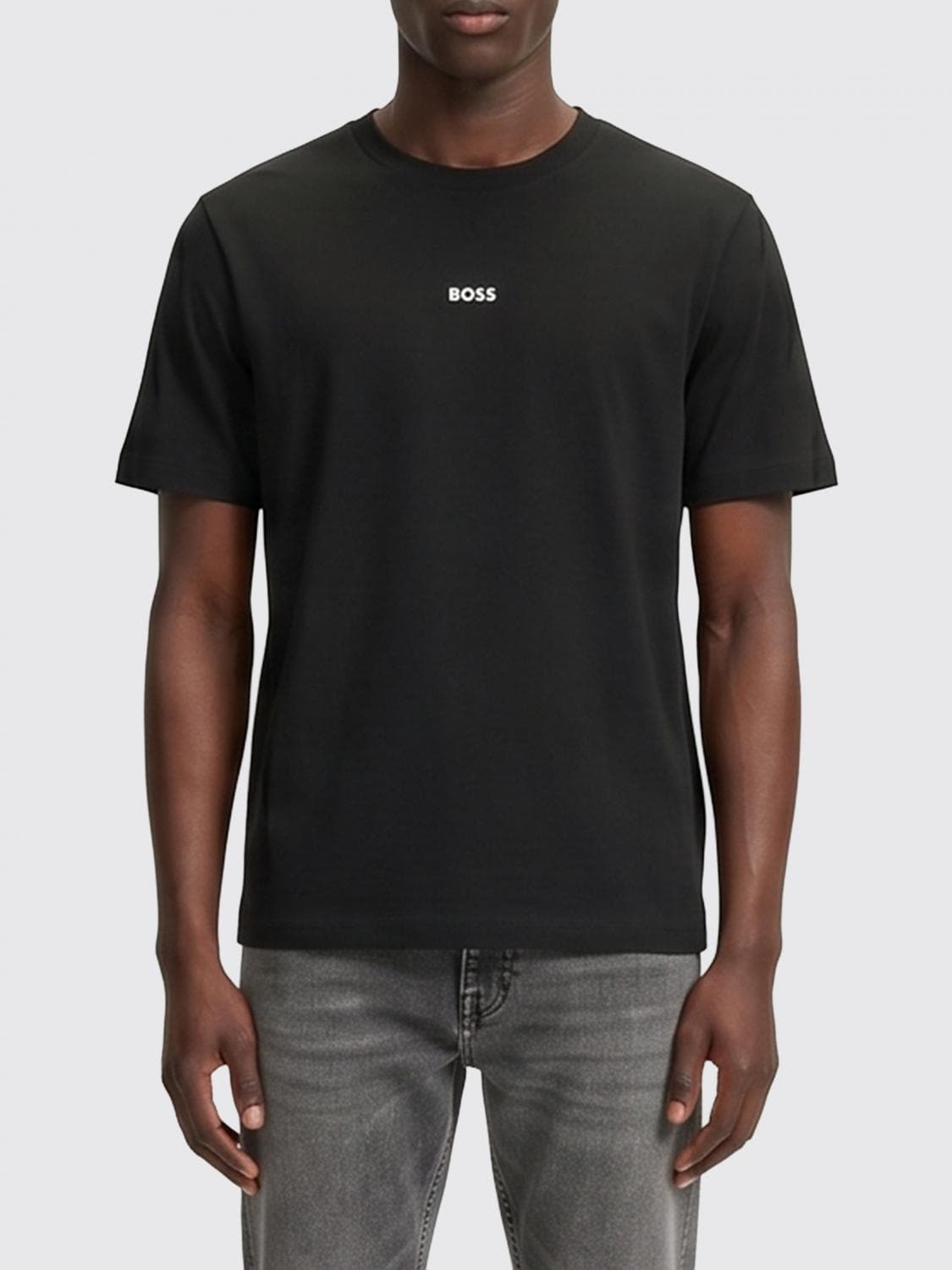 Boss Crew Neck Stretch-Cotton T-shirt with Contrast Chest Logo