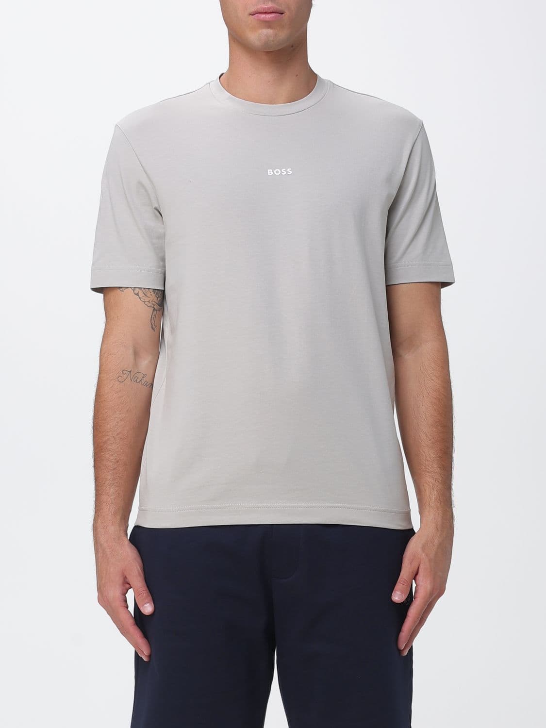 Boss Crew Neck Stretch-Cotton T-shirt with Contrast Chest Logo