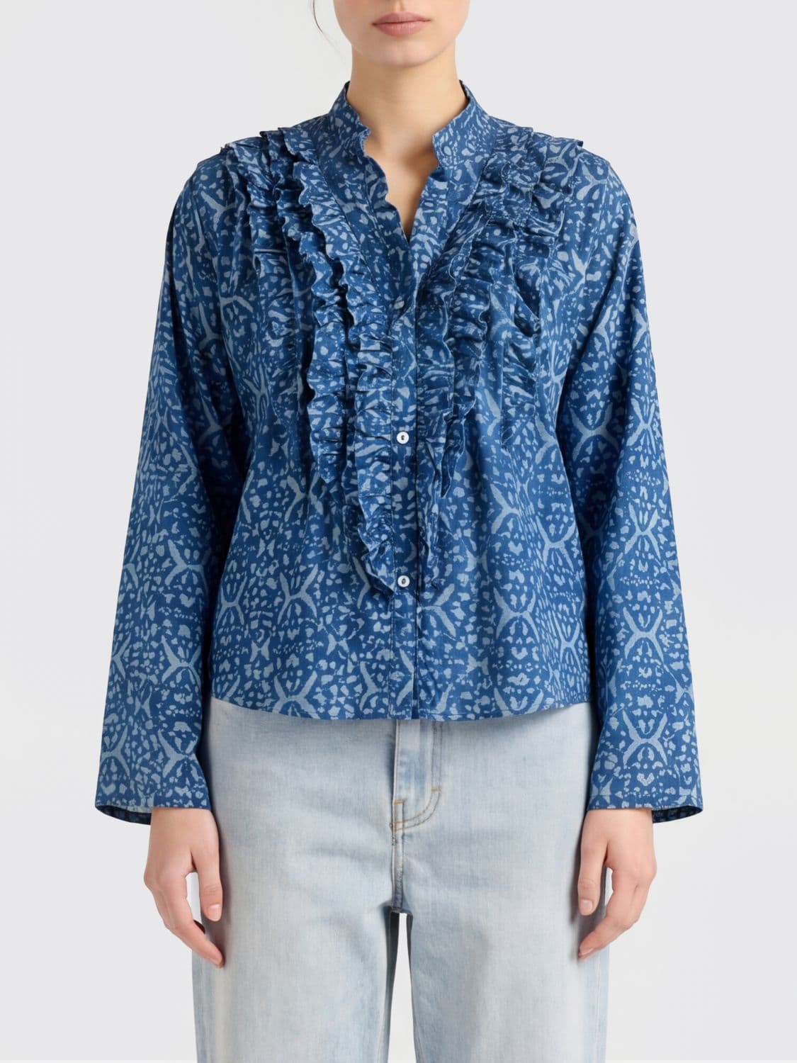 Momonì Ethnic Embroidered Cotton Shirt with a Ruffled Mandarin Collar