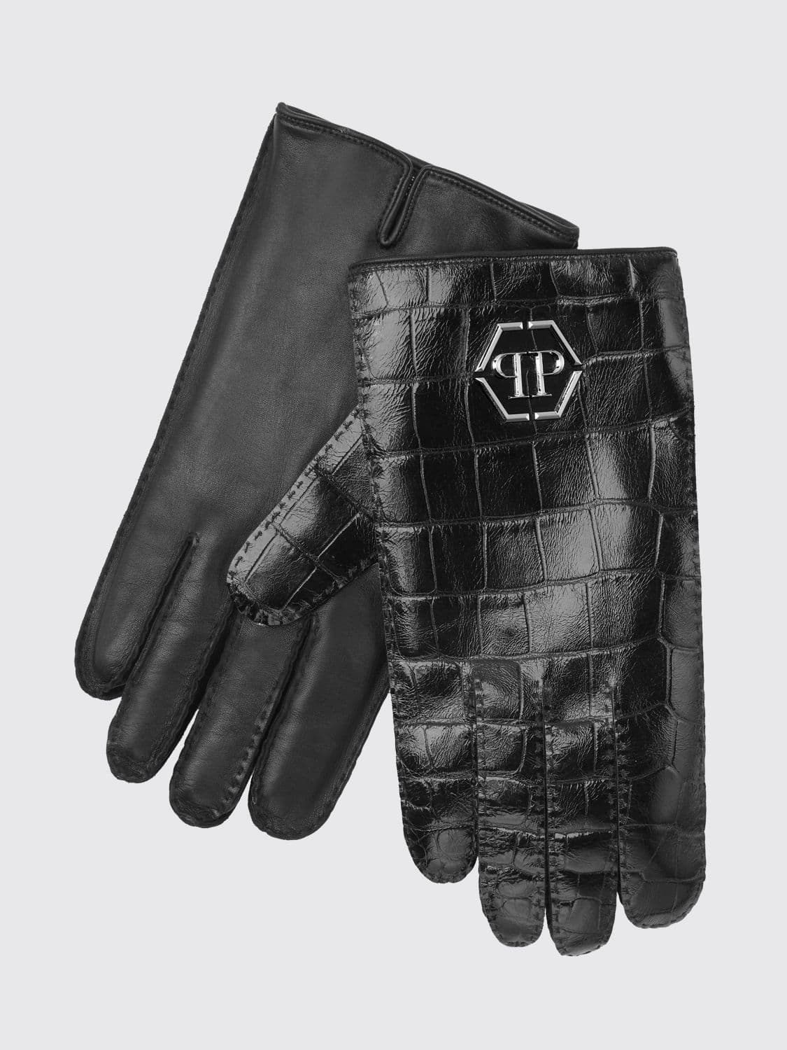 Philipp Plein Crocodile-Effect Nappa Leather Gloves with Metal Hexagon Logo