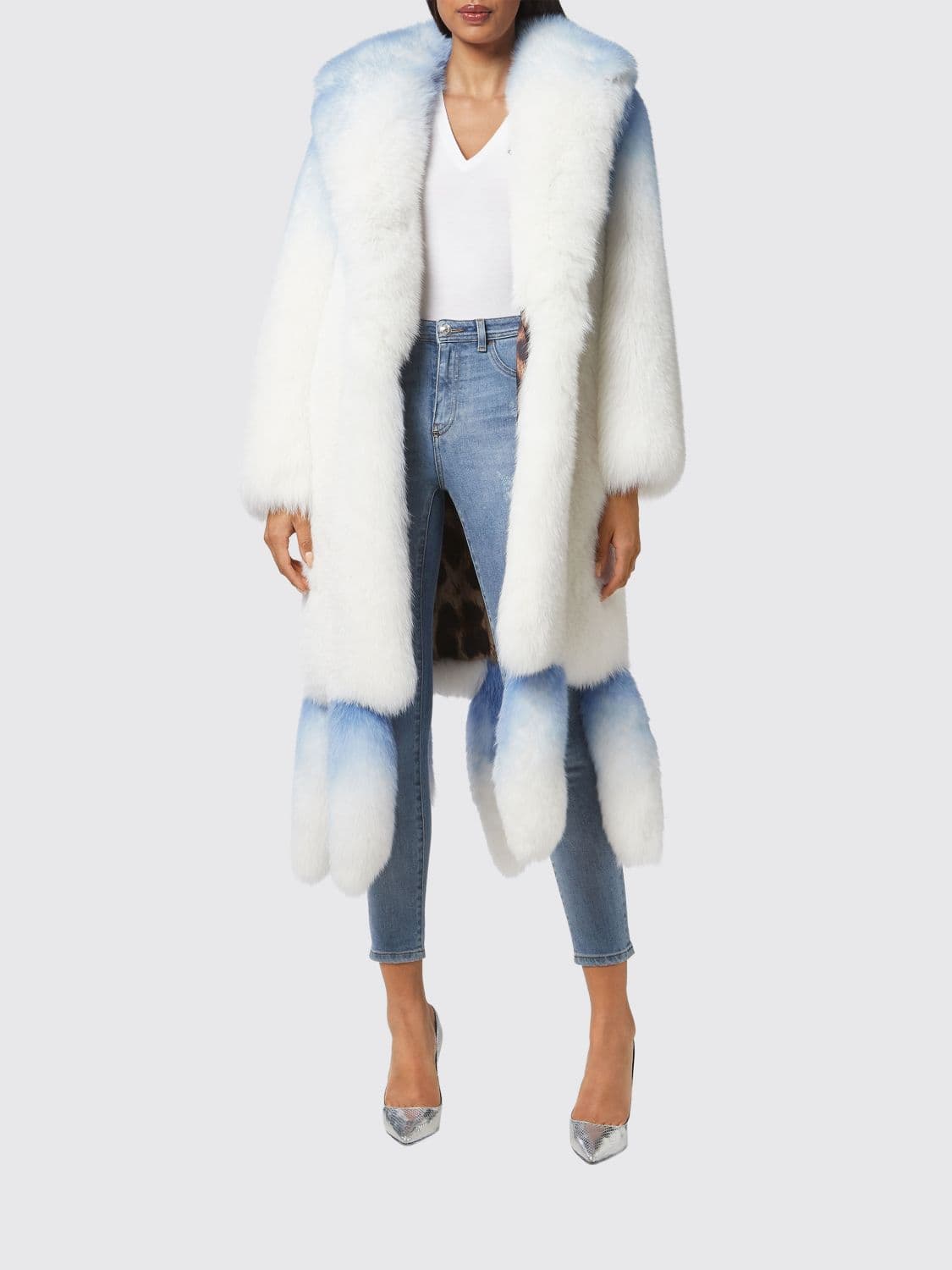 Philipp Plein Abstract Pattern Fox Fur Coat with Fringes