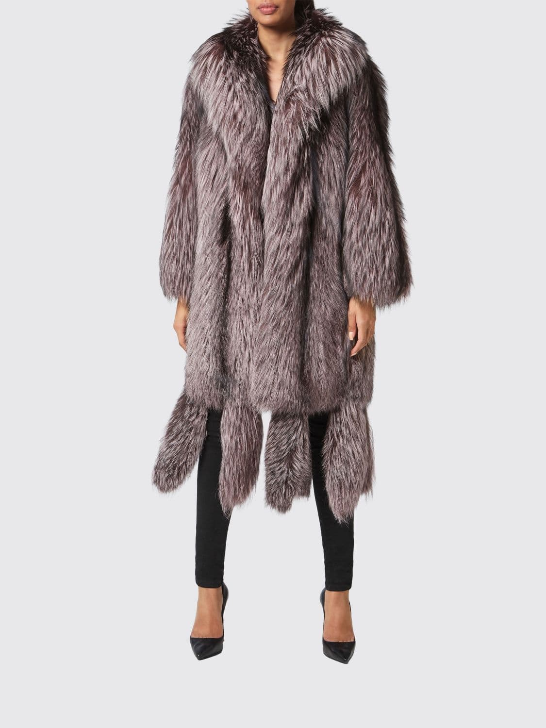 Philipp Plein Shawl Collar Fox Fur Coat with Fringes