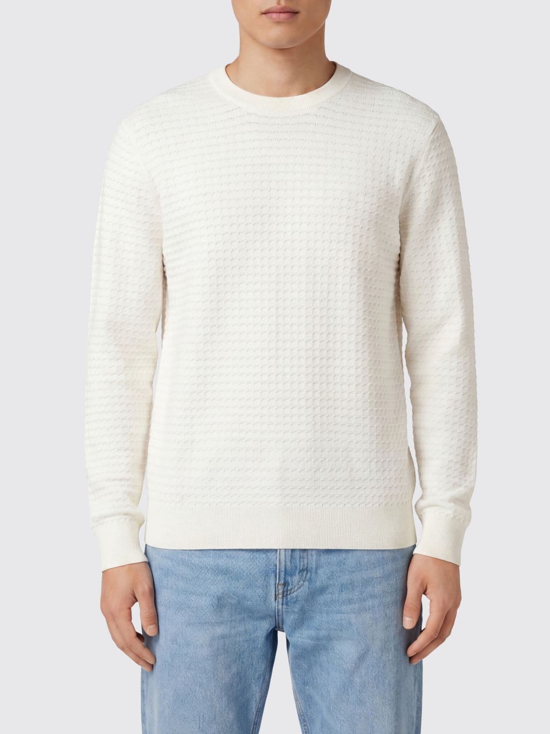 Boss Cotton and Silk Blend Crewneck Jumper with Ribbed Trims