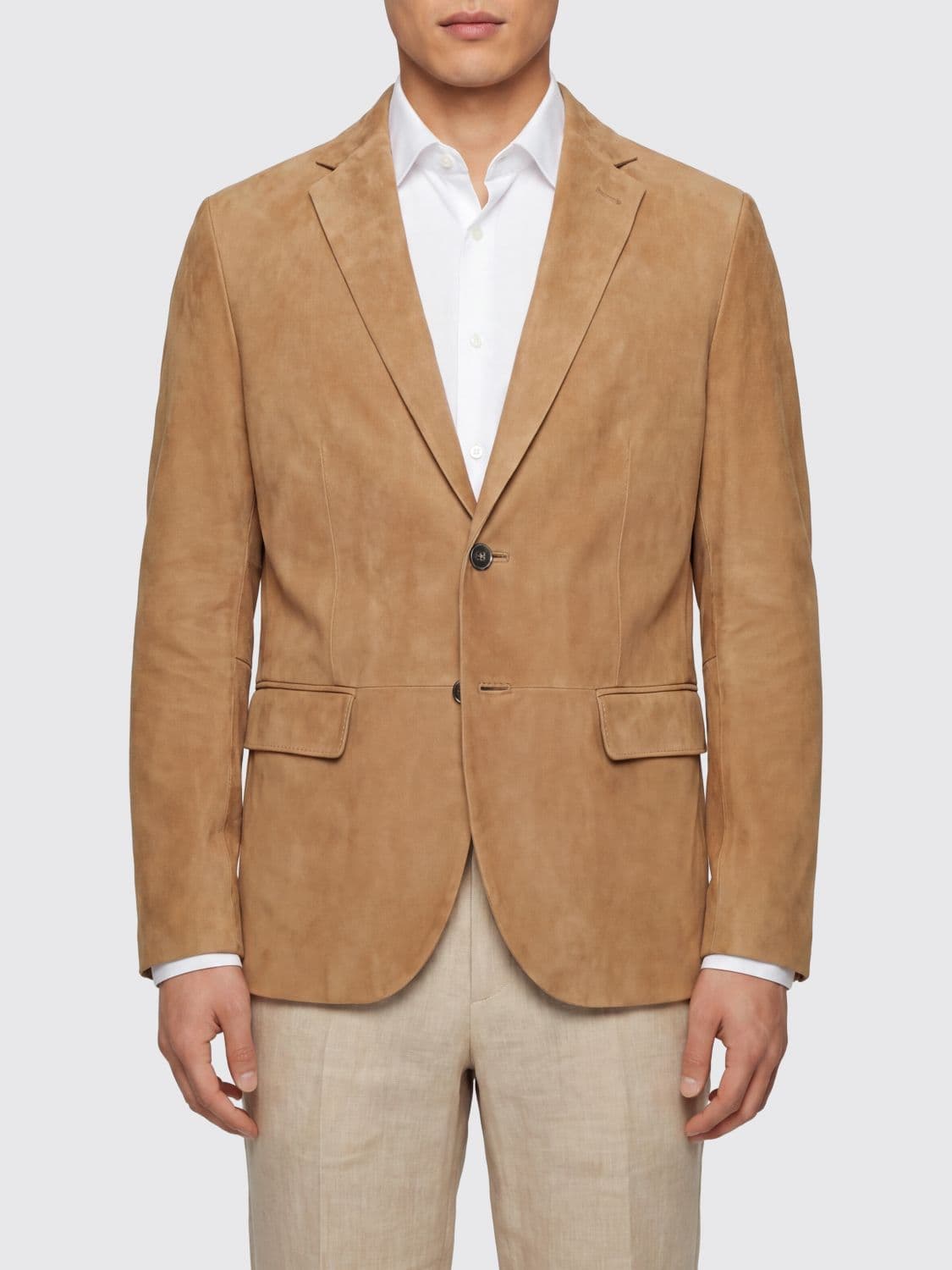Boss Single-Breasted Suede Blazer with High Collar and Flap Pockets