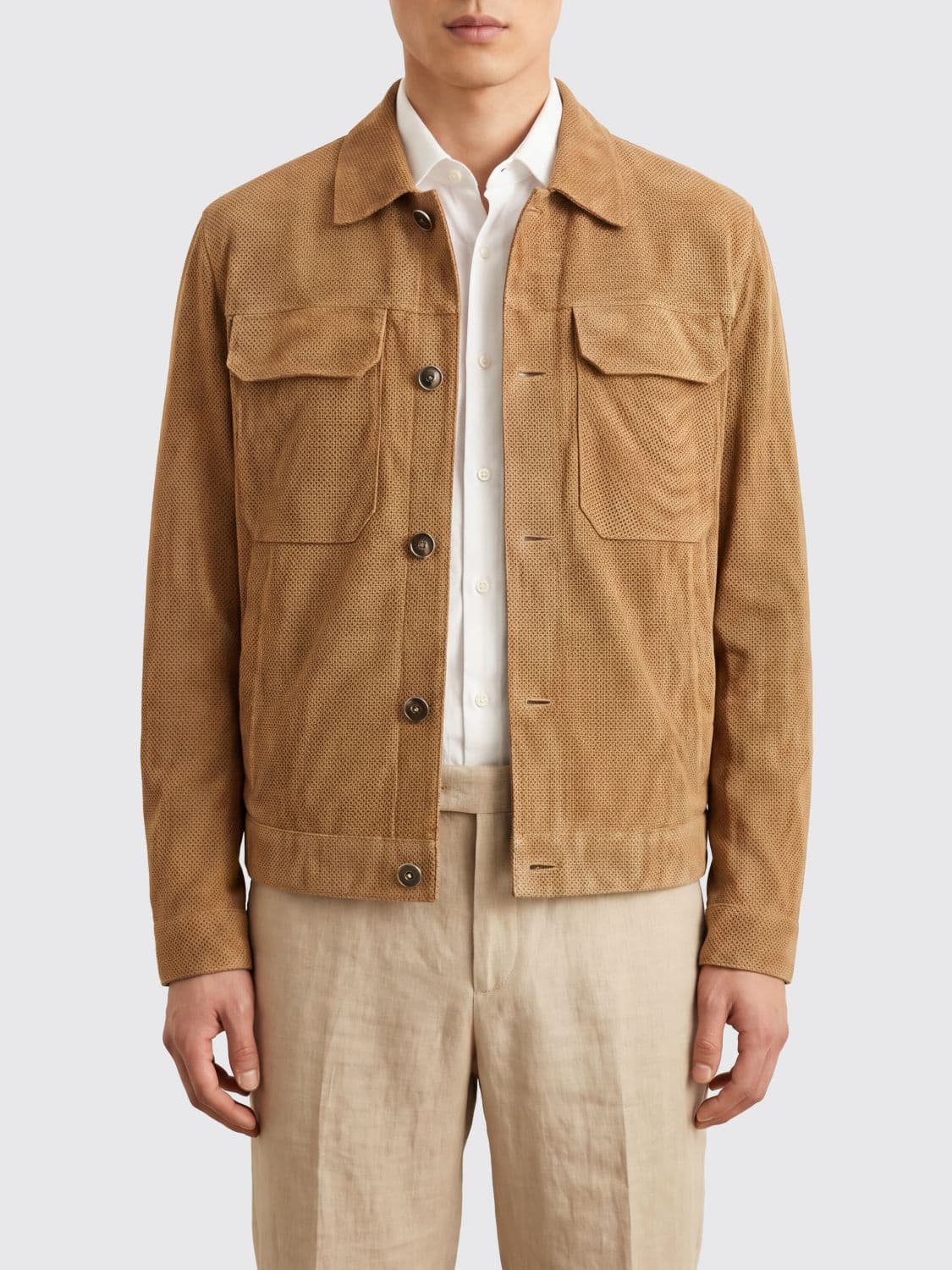 Boss Perforated Suede Shirt Jacket with Flap Pockets