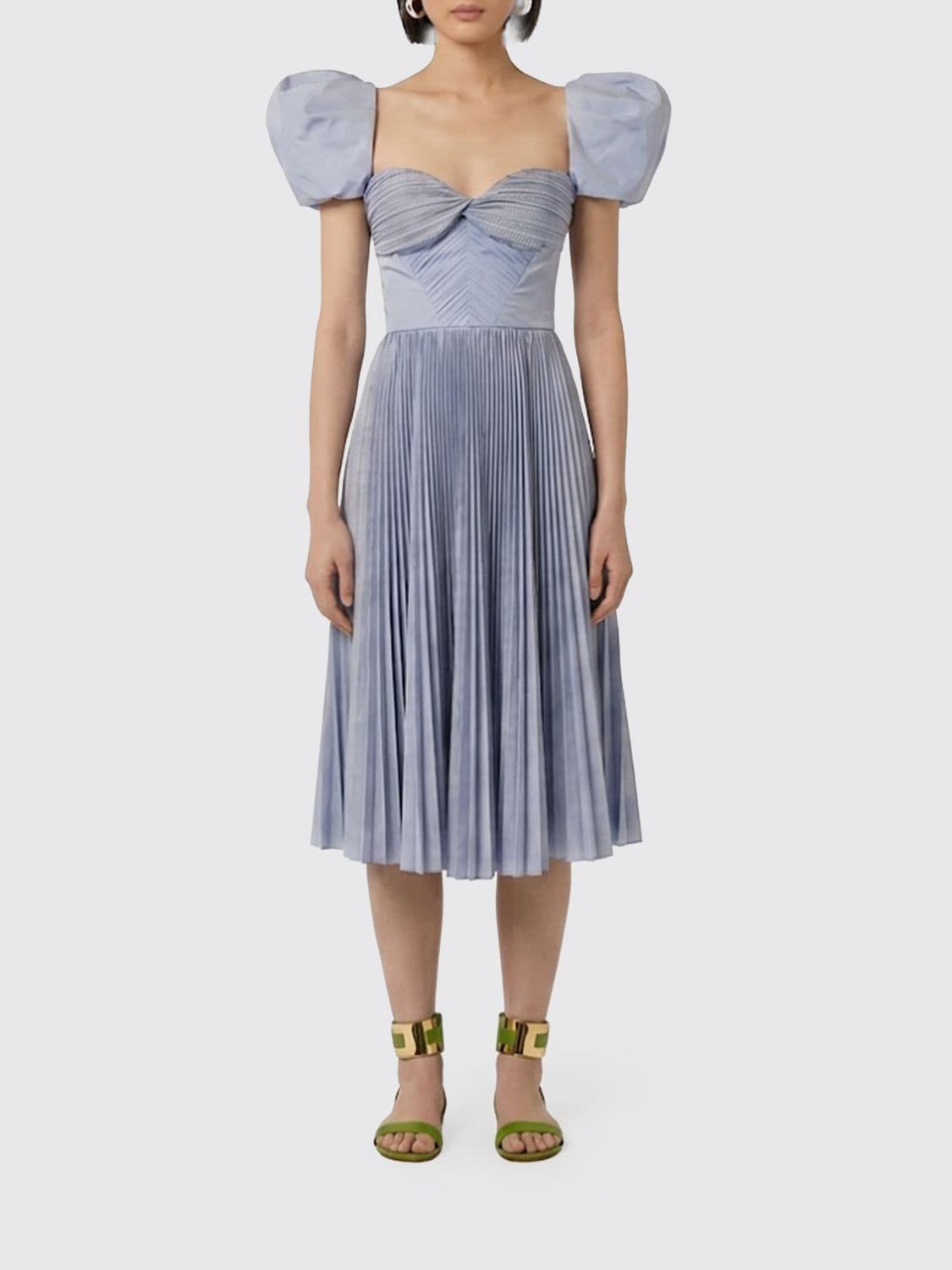 Elisabetta Franchi Pleated Crêpe Midi Evening Dress with Puff Sleeves